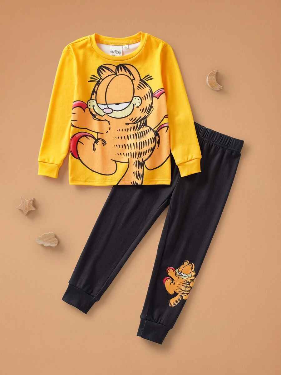 GARFIELD | SHEIN Young Boy Crew Neck Long Sleeve Top And Long Pants Snug Fit Loungewear - Yellow - View 1