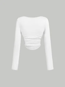 SHEIN MOD 95%棉 3件組女款休閒方領抓皺腰部不對稱下擺修身長袖T恤套裝，百搭百搭，女款秋冬服飾，秋季上衣，適合日常通勤、派對、夏季、聖誕節、新年、感恩節、派對、婚禮、海灘、出遊、約會、情人節、優雅、度假、Y2K - 彩色 - 查看 8