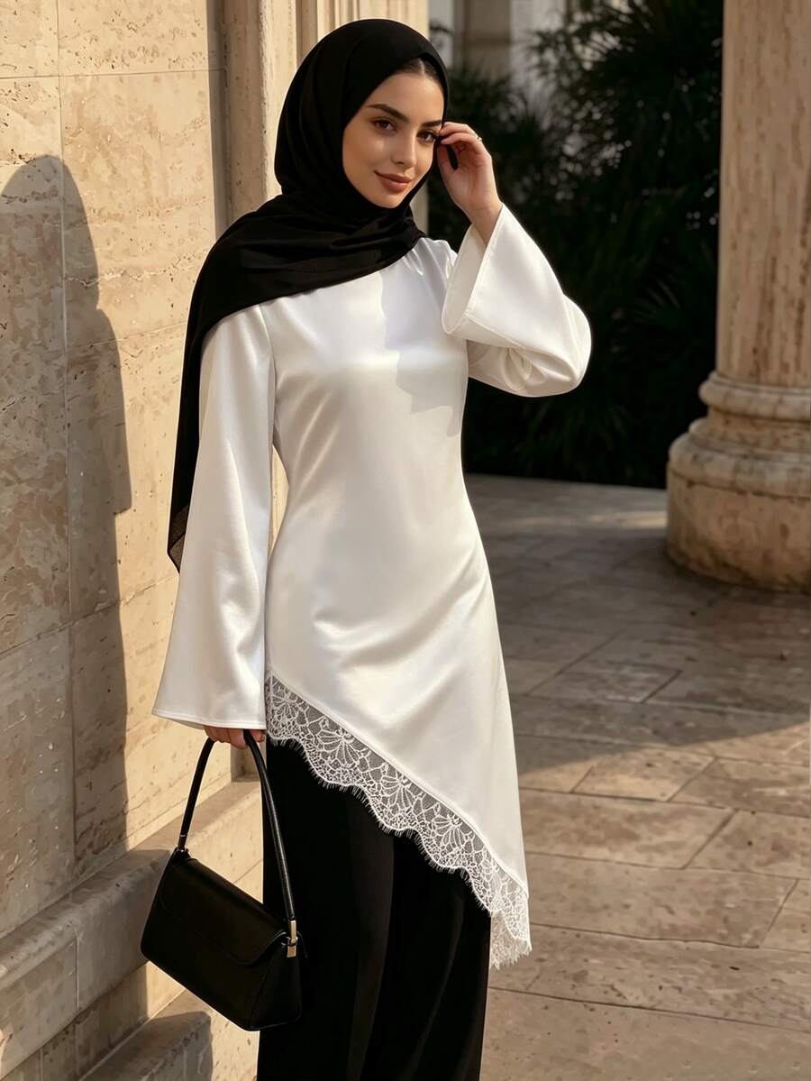 Celisse Solid Color Asymmetric Lace Patchwork Long Elegant Autumn Women's Top - White - View 1