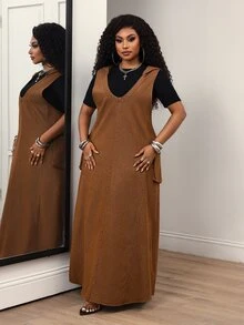 Slaydiva Plus Size Women's V-Neck Cargo Pocket Casual Denim Overall Dress - Blue - View 3