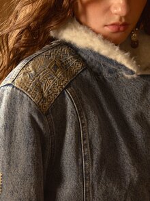 MOTF STUDIO WOMEN'S AUTUMN/WINTER VINTAGE DENIM & FLEECE PATCHWORK EMBROIDERED JACKET - Medium Wash - View 5