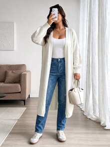 Linhara CURVE Plus Size Women's Autumn/Winter French Style Cream White Knitted Long Cardigan With 3D Rope Floral Embroidery, Lantern Sleeves, Casual Versatile Loose Fit Slimming Sweater Jacket, Suitable For Daily Commute, Dating And Other Occasions - White - View 7