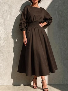 Linhara CURVE Round Neck Long Sleeve A-Line Skirt With Pockets Waist-Cinching Dress - Coffee Brown - View 3