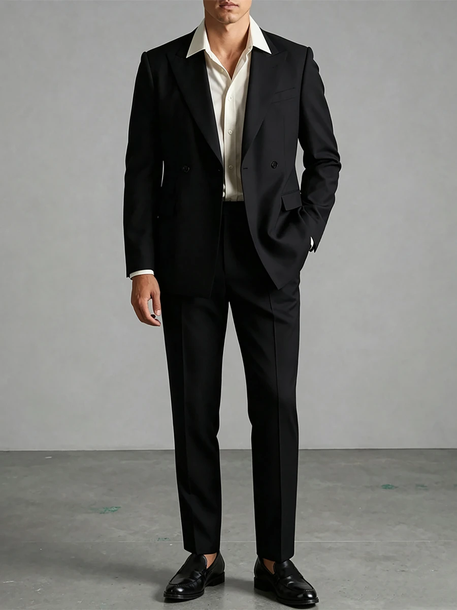 Manfinity Mode Men's Solid Color Double-Breasted Long-Sleeve Jacket And Pants Casual Elegant Commuting Suit Set - Black - View 1