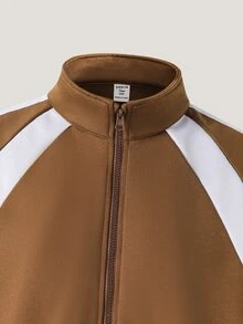 SHEIN 2件組女款/青少年時尚棕色針織拼接飾邊拉鍊立領夾克與寬鬆長褲，小字母細節，秋冬度假風 - 彩色 - 查看 3