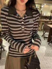 DAZY Women's Collared Striped Long Sleeve T-Shirt, Autumn/Winter - Blue - View 7