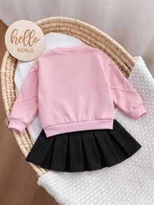 SHEIN Baby Girl Bow Decor Long Sleeve Sweatshirt And Pleated Skirt Cute Set - Pink - View 2