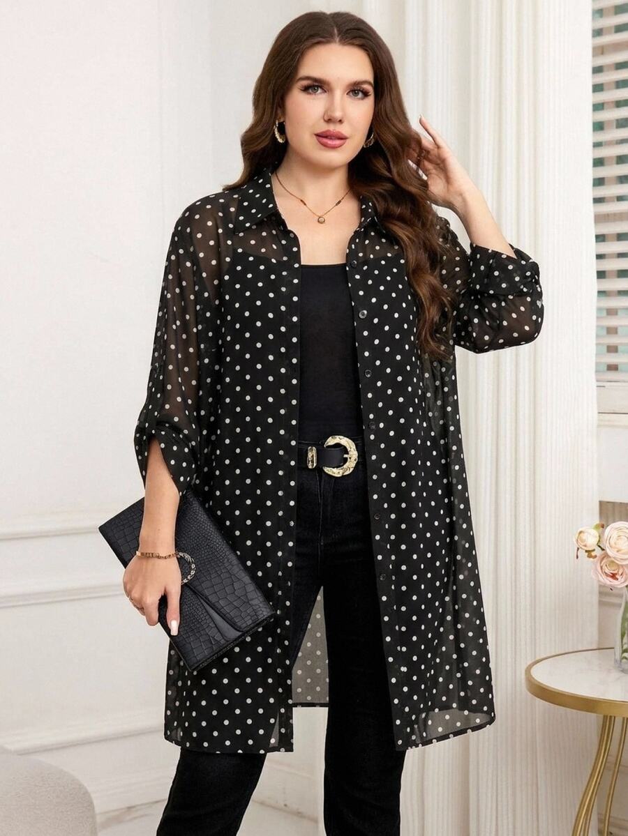 Reflora Casual Vintage Polka Dot Pattern Fabric Plus Size Black Shirt, Party - Black - View 1