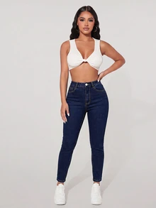 SHEIN PETITE 女款高腰口袋修身休閒百搭牛仔褲 - 寶藍色 - 查看 5