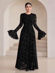 Graceveil Black Flocked Abstract Mesh Round Neck Button-Up Flare Sleeve Elegant High-End Long Dress - Black - View 3