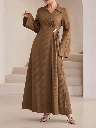 Graceveil Lapel V-Neck Criss-Cross Wrap Metal Buckle Waist Flared Sleeve Vertical Texture Commuter Brown Arabian Dress