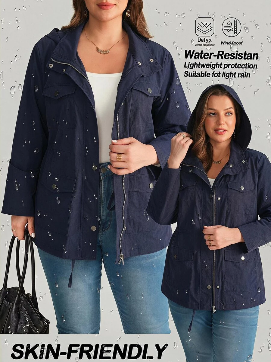 EMERY ROSE Áo khoác trench có mũ kéo khóa trước màu xanh đậm size lớn cho nữ, mùa thu - Màu xanh lam - Xem 1