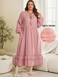EMERY ROSE Plus Size Women's Solid Color Frill Trim Tassel Tie Neck Long Sleeve Dress - Dusty Pink - View 2