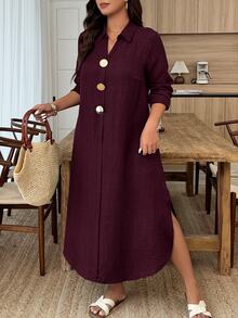 Weeklong فستان نسائي مقاس كبير للربيع/الخريف بتصميم بلوفر مع زينة إبزيم معدني فاخر، بقصة فضفاضة على شكل حرف A - لون كستنائي - مشاهدة 1