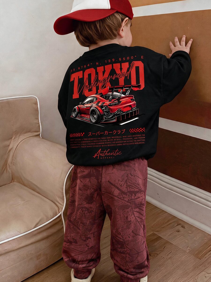 Young Boys Loose Fit Sports Casual Comfortable Long Sleeve Sweatshirt And Pants 2 Pieces Set, Suitable For Autumn/Winter, Classic Handsome Street Style Retro Racing Car Print, Suitable For Sports, Y2K - Multicolor - View 1