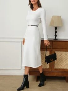 EMERY ROSE White Round Neck Long Sleeve Ribbed Knit Bodycon Midi Dress - White - View 5