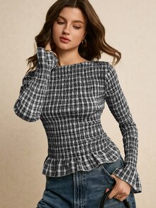 Poéselle 女款格紋圓領長袖修身時尚襯衫 - 黑與白 - 查看 4