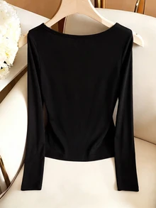 SHEIN Franclia Women's Square Neck Long Sleeve Knit T-Shirt, Fitted Short Length Textured Patchwork Slimming Inner Layer Top - Black - View 2
