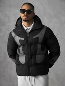 SLATEMANN Men's Colorblock Long Sleeve Zip-Up Casual Hooded Winter Jacket - Black - View 3