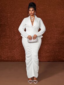 Maweii Plus Size Long Sleeve Elegant Pleated Bodycon French Style Commuter Blazer Suit Set - White - View 2