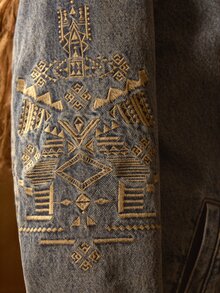 MOTF STUDIO WOMEN'S AUTUMN/WINTER VINTAGE DENIM & FLEECE PATCHWORK EMBROIDERED JACKET - Medium Wash - View 2
