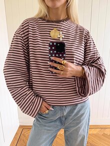 SHEIN EZwear Overseas 大尺碼長袖條紋圓領T恤，秋季上衣，適合日常通勤、聚會、秋冬春夏、聖誕節、新年、感恩節、派對、婚禮、海灘、畢業典禮、優雅、外出、約會、通勤、情人節、優雅、度假、Y2K、畢業典禮等場合 - 彩色 - 查看 4