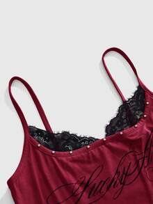 ROMWE Y2K Women's Lace Patchwork Letter Pattern Casual Daily Camisole - Burgundy - View 3