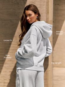 GLOWMODE Cozy Street Collection Everyday Fleece Snowbound Relaxed-Fit Hip-Length Hoodie With Studded Pockets & Logo Details Daily Casual Fall Winter Wear - Grey - View 2