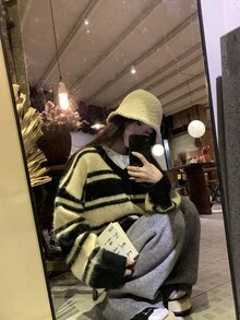 DAZY Women's V-Neck Striped Korean Style Long Sleeve Sweater, Autumn/Winter - Grey - View 10