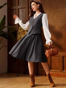 Vintamour Women's Solid Color High Waist Pleated Elegant Commuter Skirt - Dark Grey - View 4
