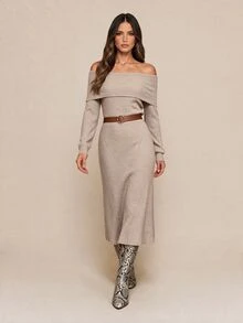 Amorya Women's Solid Color Off-Shoulder Casual Party Knit Dress - Khaki - View 4