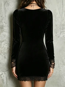 LUMIGAL Fall Clothes FOR WomenWomen's Solid Color Contrast Mesh Button Design Lace Cuff Elegant Dress - Black - View 2