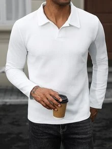 Calvornis 男士純色紋理布料商務休閒長袖 Polo 衫，送給丈夫/男友的日常禮物，適用萬聖節、聖誕節、新年 - 白色 - 查看 2