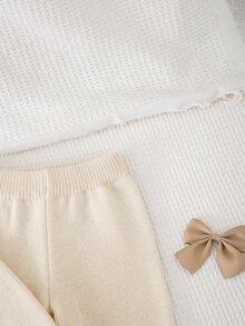 SHEIN Vintaside Kids 女童純色圓領長袖針織毛衣與直筒針織長褲套裝，休閒外出派對百搭款 - 杏色 - 查看 9