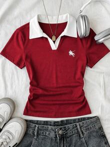 Attitoon 女款休閒拼色 Polo 領短袖 T 恤，日常穿著 - 紅色 - 查看 4