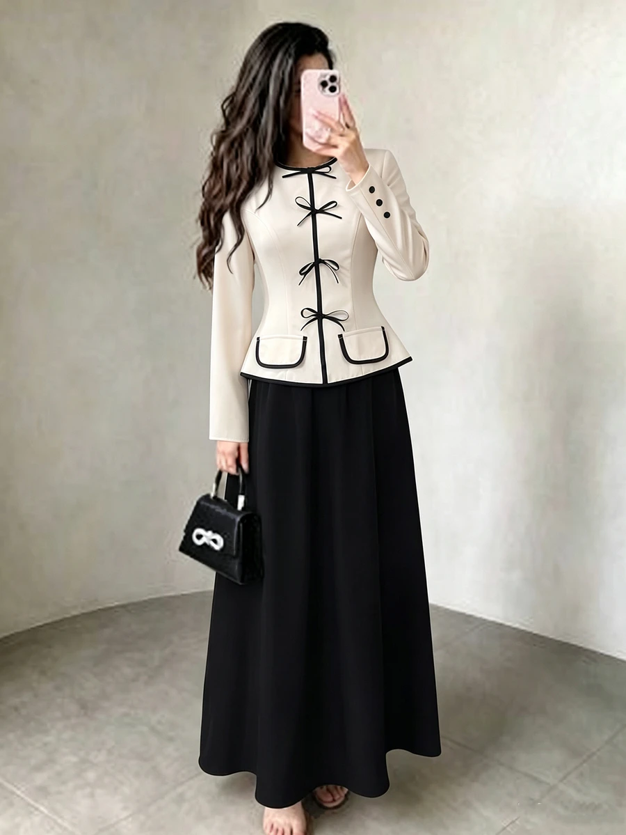 Modelyn Women's Black & White Colorblock Cinched Waist Jacket & Midi Skirt 2 Pieces Set