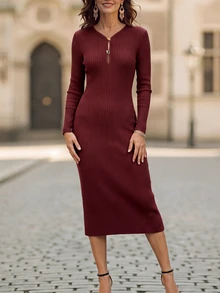 EMERY ROSE Gaun Rajut Elegan Pas Badan Lengan Panjang Berlubang dengan Dekorasi Logam Warna Polos untuk Wanita, Cocok untuk Kantor, Makan Malam, Warna Burgundy, Musim Gugur - Merah - View 5