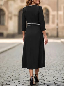 EMERY ROSE V Neck Contrast Piping A-Line Midi Dress, 3/4 Sleeve High Waist Fit & Flare Elegant Dress For Work Fall - Black - View 2
