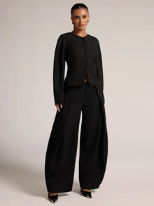 SHEIN BAE طقم بليزر وبنطلون نسائي بتصميم بسيط وعملي، مناسب للملابس اليومية وملابس المكتب والتجمعات الاجتماعية - الأسود - مشاهدة 5