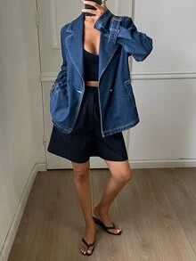 DAZY Women's Blazer Style Casual Denim Jacket - Medium Wash - View 3