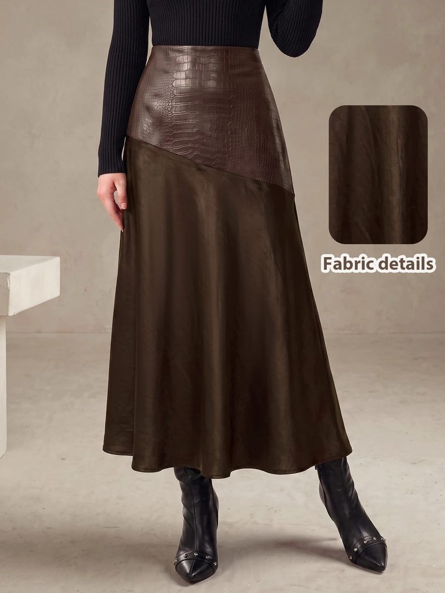 Modelyn تنورة نسائية أنيقة من الجلد المنسوج مع تصميم غير متماثل من الرقعات والساتان المنسدل - قهوة بني - مشاهدة 1