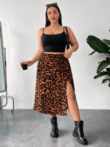 SHEIN PETITE CURVE 大尺碼女款豹紋彈性腰開衩裙 派對穿搭 節慶服飾 - 彩色 - 查看 7