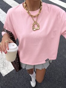 Muchica 95%棉女款休閒街頭寬鬆短袖T恤，女款夏季服飾，女款街頭服飾 - 淺粉色 - 查看 5
