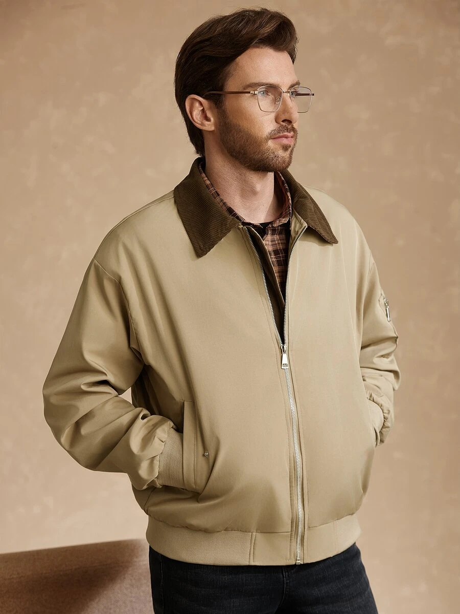 Core Aspect 1pc Men's Light Business Style Jacket, Colorblock Collar Design, Versatile For Commuting, Fashionable And Comfortable, Boyfriend Gift, Husband Gift, Anniversary Gift - Khaki - View 1