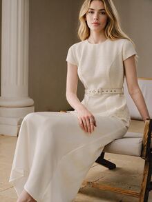 Anewsta Autumn Beige 2 In 1 Lightweight Dress With Textured Hem, Lace Trim And Belt For Women - Beige - View 4