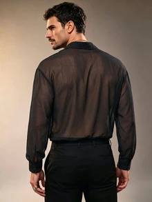 ZURIURI Men's Sheer Lightweight Elegant Fashion Mesh Shirt - Black - View 2