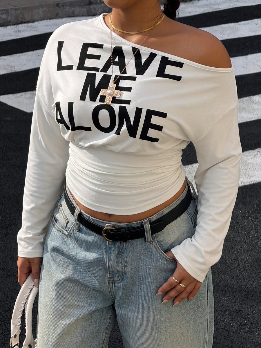 Muchica Plus Size Women's Slogan Print Asymmetrical Shoulder Long Sleeve Ruched Casual T-Shirt - White - View 1