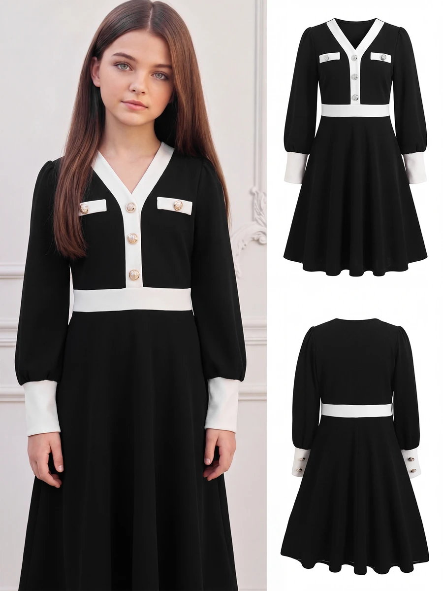 SHEIN 青少年女孩秋冬長款休閒簡約日常聖誕洋裝 - 黑與白 - 查看 1