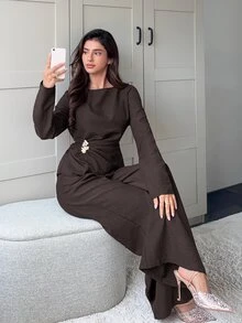 Veilorie Women's Solid Color Metal Decor Long Sleeve Top And Pants Arabic Clothing Set - Coffee Brown - View 6