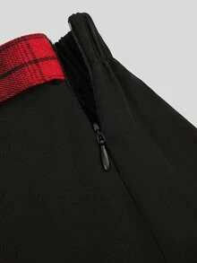 Sweetra Plus Size Autumn/Winter Vintage Plaid Patchwork Mesh Asymmetrical Hem Skirt - Multicolor - View 5